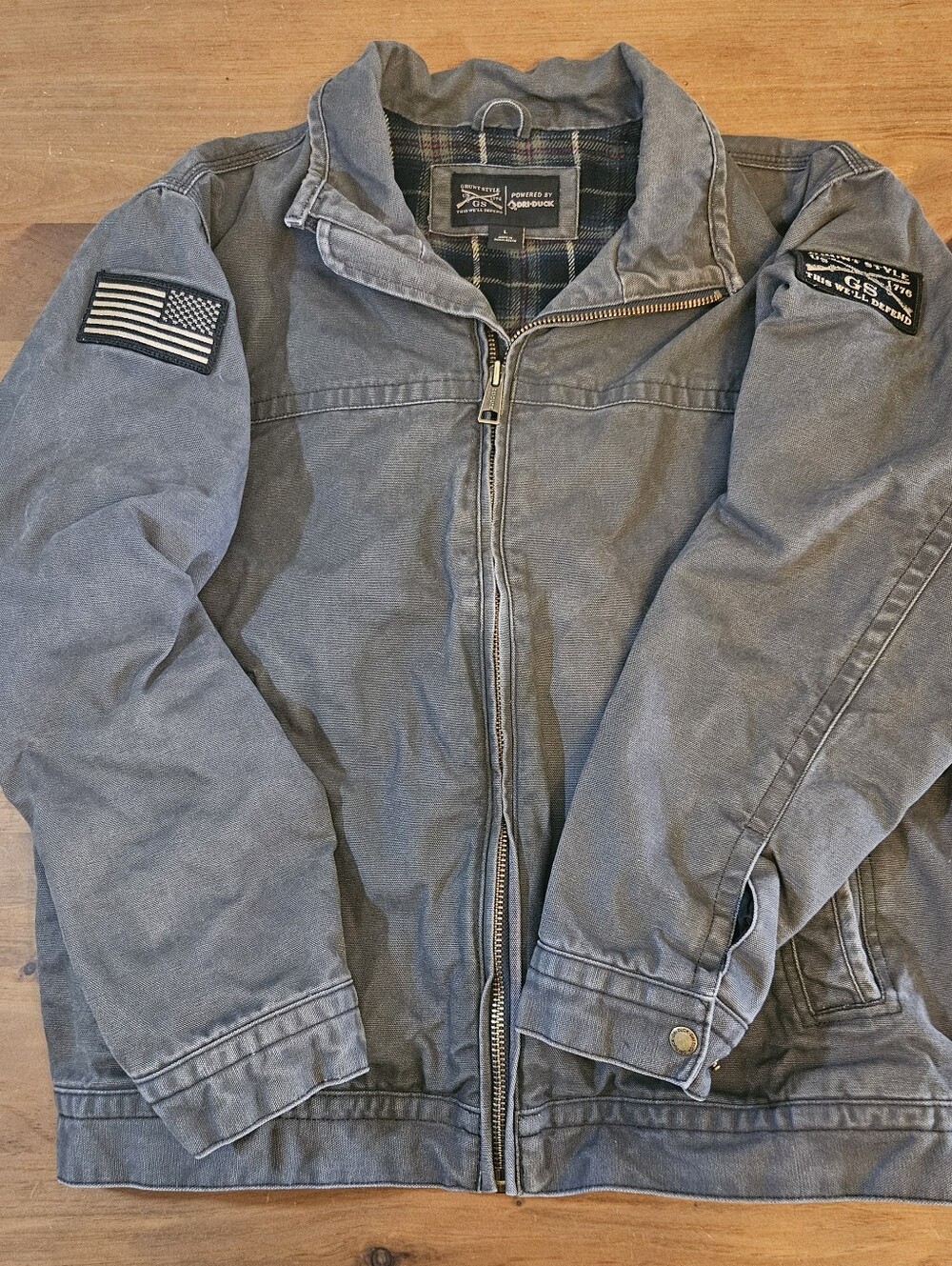 Grunt Style Dri-Duck Canvas Full Zip Jacket Mens L Gray Flannel Lined GS Patches